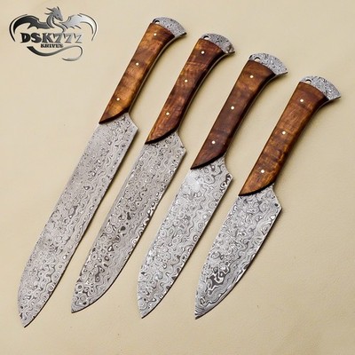 Custom Lot of4 Damascus Kitchen Knives Set/Chef knife set with Leather roll bag