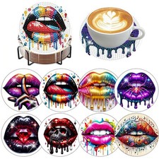 8 PCS Diamond Art Coasters Lips Diamond Painting Coasters Kits with Holder DIY f