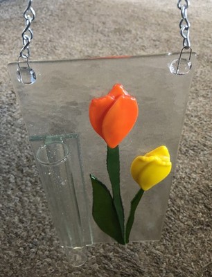 LATTA'S Newport, OR Fused Art Glass Hanging Wall Vase Tulips Orange Yellow 5x10
