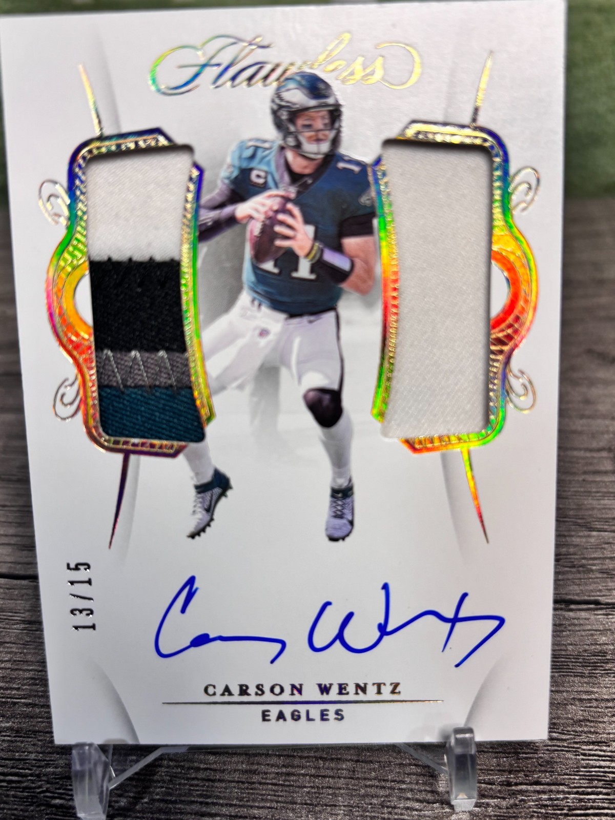 2020 Flawless Carson Wentz Game Used 4 Color Patch Auto /15 Eagles On card Auto view 3
