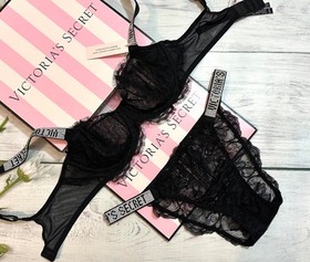 Victoria's Secret Shine Strap Wicked Unlined  Bra Cheeky Set Black 34C 38DD