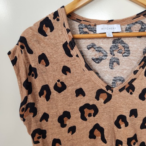 WITCHERY Women’s Top SIZE XS 100% Linen Tee T-Shirt Stretch Beige Leopard EUC - Picture 2 of 5