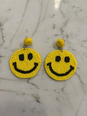 Smiley Happy Face Beaded Earring Yellow Big Round Circle Emoji Emoticon Grin