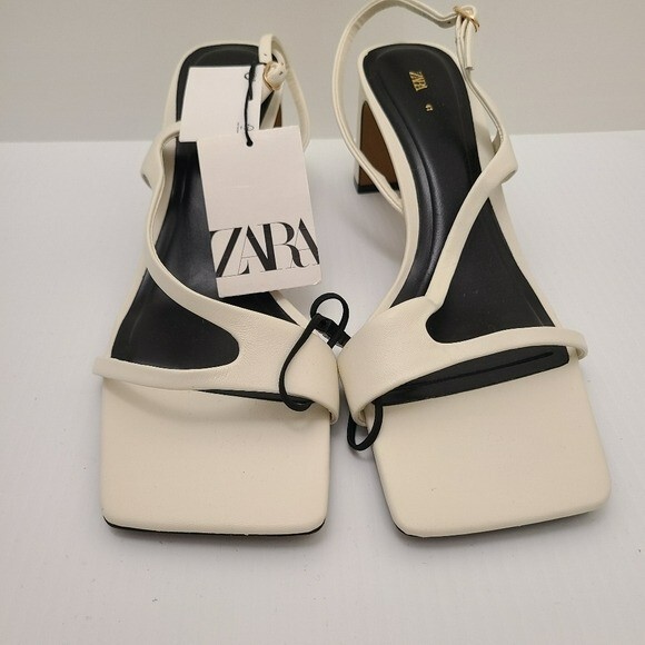 ZARA LEATHER SANDALS WITH BLOCK HEEL White SIZE 10| 1335/110