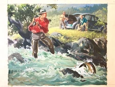ORIGINAL 1940s LOUIS DARLING OIL PAINTING FLY FISHERMAN  OLD CAR RAMONA ARTIST