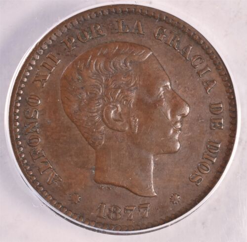 1877-OM Spain 5 Centimos - ANACS AU50 Details