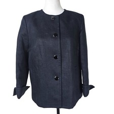 Talbots Linen Button-Up Jacket 10P Black Lined Split Cuff Pockets Office Coastal