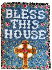 Handmade Latch Hook Rug "Bless This House" Floral Cross 21x27.75 Complete VGUC