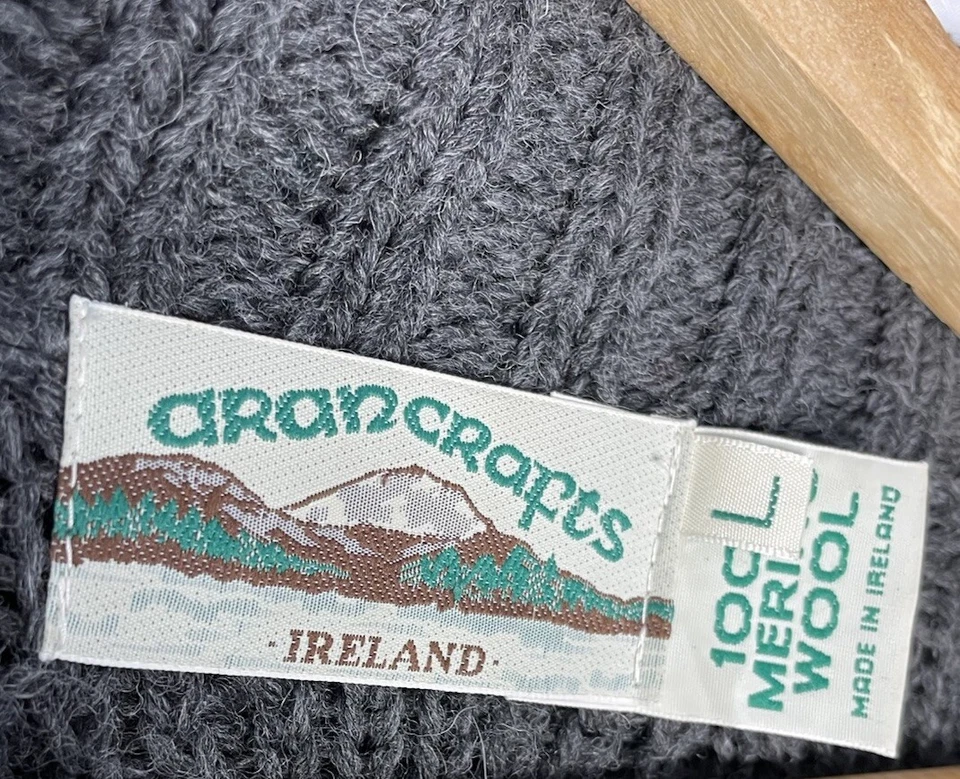 Suéter Gris Artesanía Aran Pescador Irlandés Cable Lana Merino Plumero Largo L Mujeres Foto 3 de 4