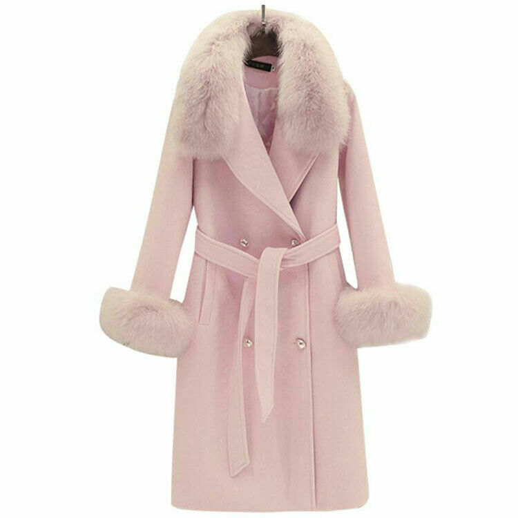 Womens Wool Blend Faux Fur Collar Slim Belt Coat Winter Warm