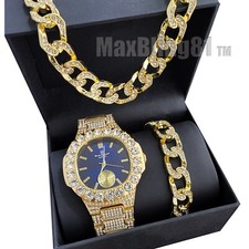 Gold Plated Big Simulated Diamond Hip Hop Watch Iced Cuban Bracelet Necklace