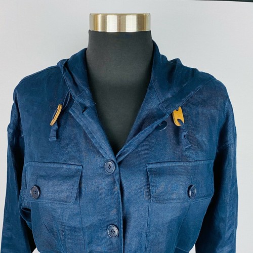 Lauren Ralph Lauren Shirt Blue Linen Cinched Waist Hooded Jacket Petite S - Picture 2 of 6