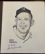 RICK FERRELL AUTOGRAPHED BASEBALL HALL OF FAME ORIGINAL DRAWING BY MILT NEIL