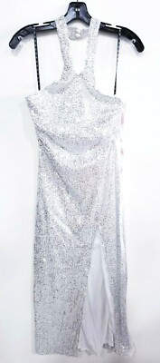 missguided silver sequin dress Missguided Sequin Halterneck Maxi Dress in Silver - SZ 8
