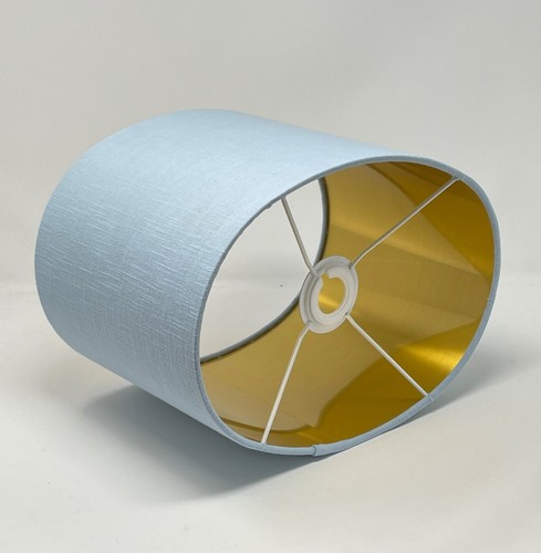 Lampshade Pale Blue Textured 100% Linen Brushed Gold Oval Light Shade - Picture 2 of 8