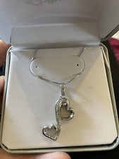 925 Sterling Silver Italy Real Diamond Double Heart Rolo Chain Necklace 17"