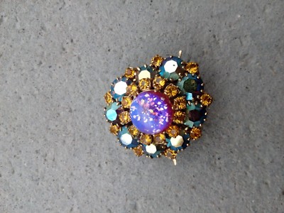 Grande Broche Vintage Strass Bleu Et Métal Doré – Fantaisie Rétro N3703