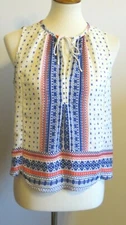 Collective Concepts Shirt Womens Petite XS Cream Blue Red Festival Retro Boho