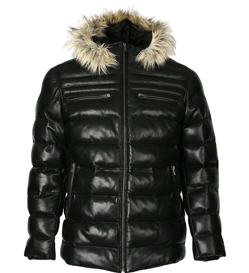 Mens Jeremiah Puffer Leather Jacket with Fur Hoodie (Black) UK