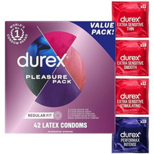 Durex Pleasure Pack Assorted Condoms 42 Count Lubricated Regular Fit