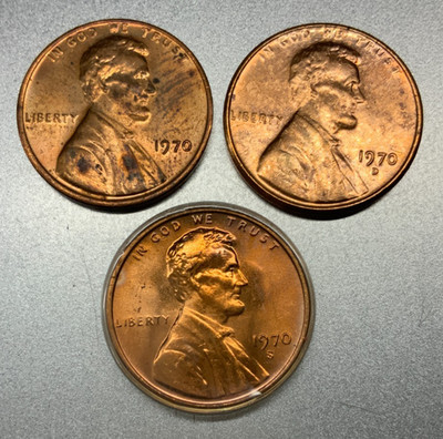 1970 P, D, S Lincoln Cents Penny Set of 3 Coins Lot AU/UNC 1c US Coin -3323