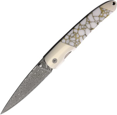 Santa Fe Stoneworks Linerlock White & Gold Stone Folding Damascus Knife DJS70WG