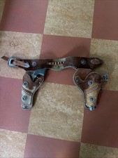 Double Holster 1950  s Era Leather Childs Toy Holster With Two Guns With Issues.