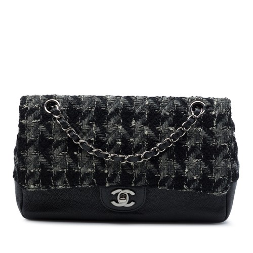 Chanel Medium Classic Tweed and Caviar Double Flap Pre-Loved Shoulder Bag Black