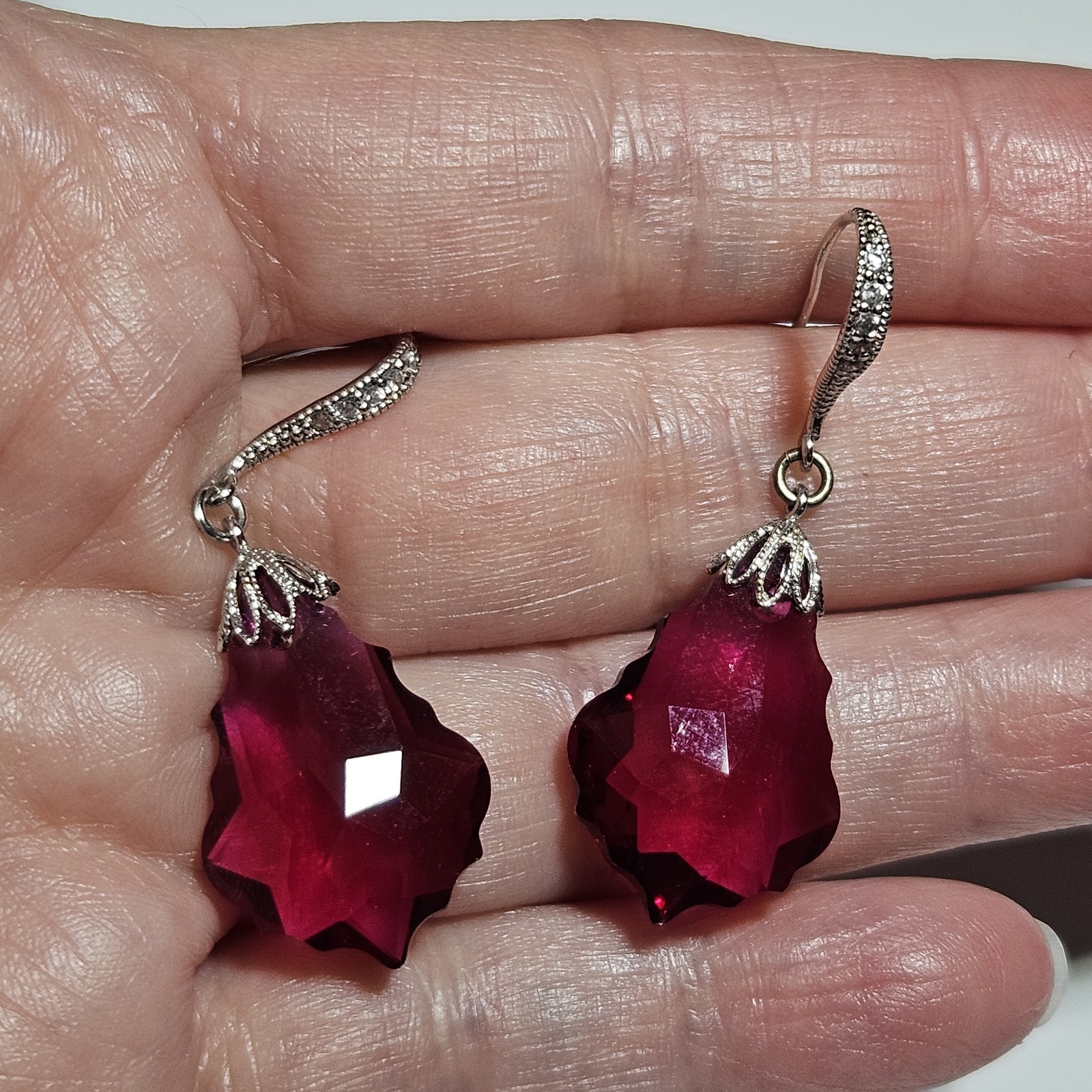Vtg Sterling Silver Earrings Crystal Ruby Baroque… - image 1