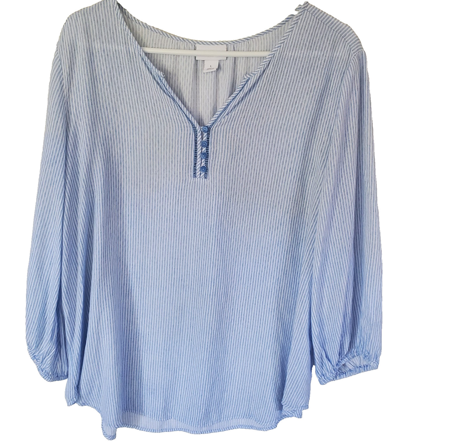 Liz Claiborne Womens Popover Top Size L Blue Stripe Nautical Coastal Beachy Boho