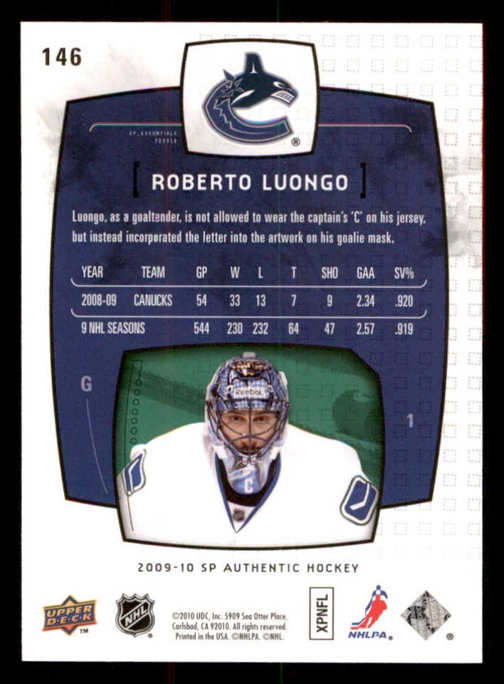 2009-10 SP Authentic #146 Roberto Luongo ESS /1999 - Image 2 of 2
