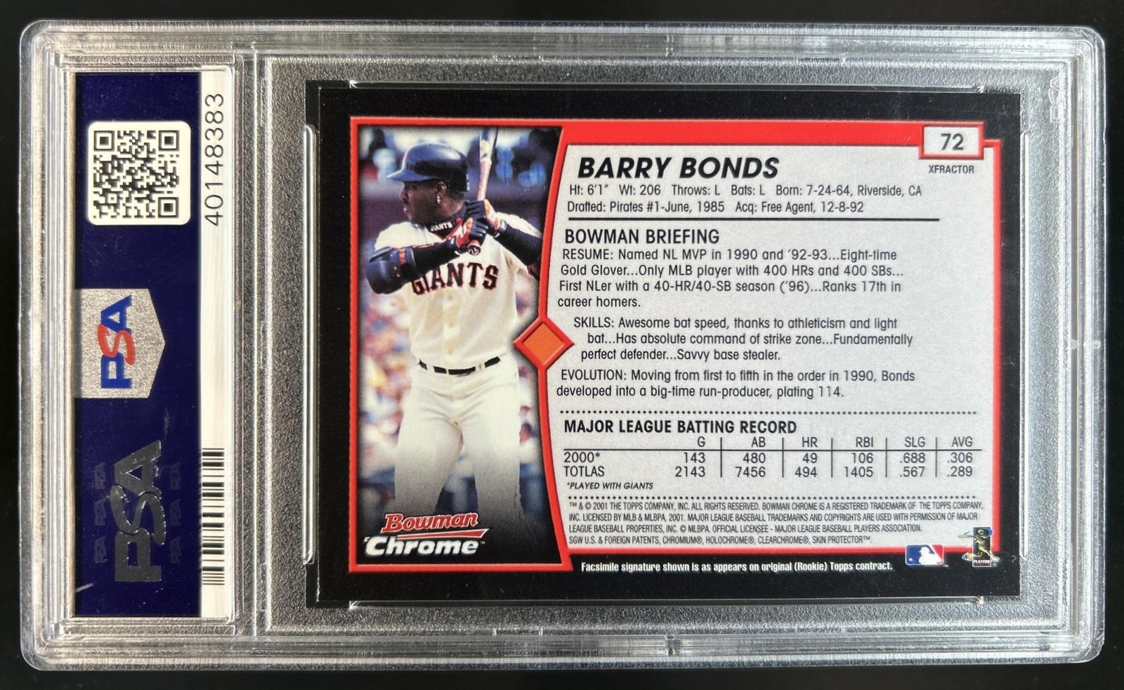 2001 Bowman Chrome Barry Bonds Refractor X Fractors #72 Giants PSA 10 GEM MINT view 2
