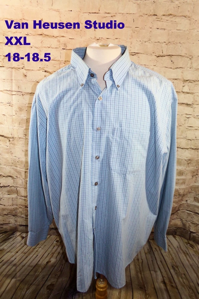 Van Heusen Men's Dress Shirt 2XL 18 Lot/3 Long Sleeve Blue, Beige & Red Plaid - Image 3 of 4