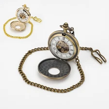 Vintage Mechanical Pocket Watch for Men Roman Numerals Skeleton Wind-Up w/ Chain