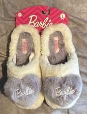 Barbie HEARTS Fluffy Slippers Pur/Wht Soft Indoor/Outdoor Women  s Sz L 8-9 NEW