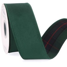 Green Velvet Wired Ribbon Blue Green Tartan Plaid Reversible 2.5 Inch 10 Yards