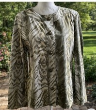 Chico's Women s Jacket Green Gray Animal Print Bronze Buttons Sz 1