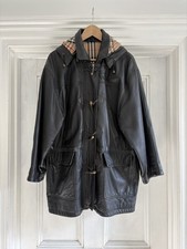 Atemberaubender Vintage Damen Burberry schwarz Leder Nova Check Dufflecoat Größe 14 