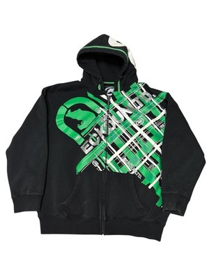 Ecko Unltd Hoodie Sweatshirt Mens 2XL Black Fleece Full Zip Rhino Plaid Graphic