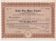 KANADA 1937 NOBLE FIVE MINES, LIMITED &ndash; Bergbau-/Minen-Aktie 500 Aktien je 50 C