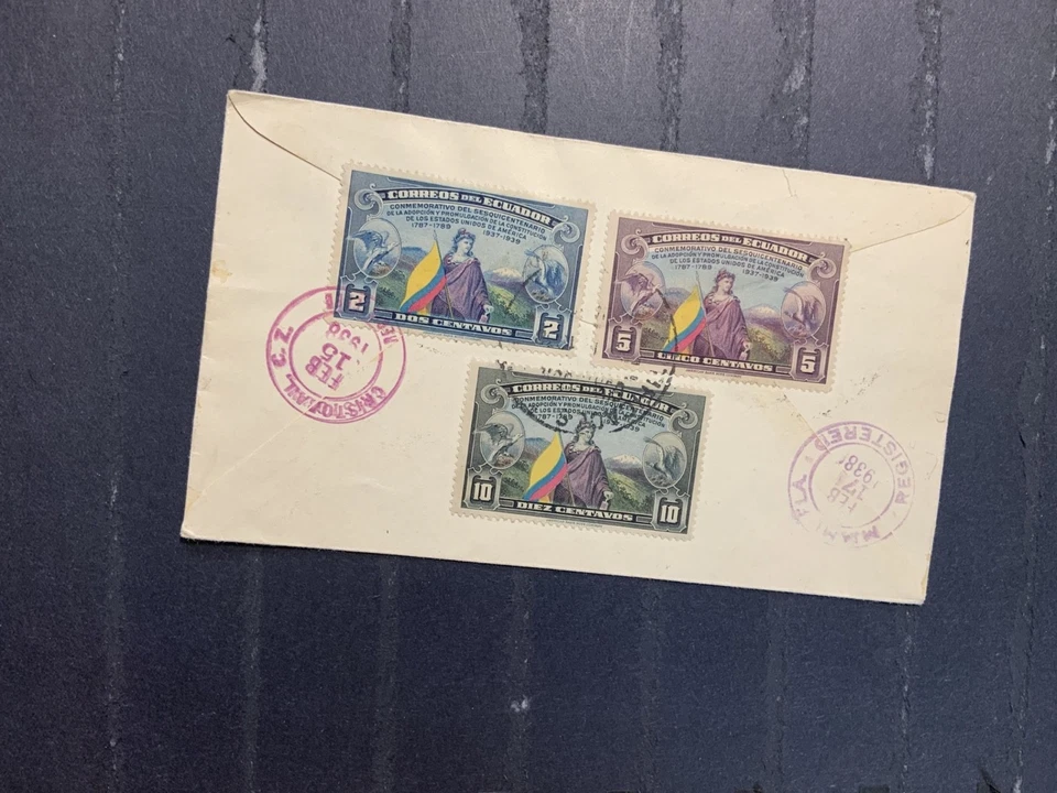 Ecuador 1938 registered FDC cover to USA 150th Anniversary US Constitution - Image 2 of 2
