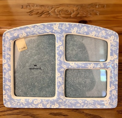 Hallmark Blue & White Floral Ceramic Picture Frame for 3 Photos Collage Vtg