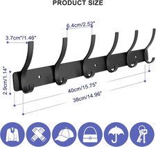 Wall Mounted Coat Rack with 6 Hooks - 2 Pack Black Hook Rail