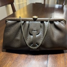 Vintage Brown Pebbled Faux Leather Pocketbook Clutch w/Chain V 