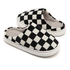 House Slippers for Woman Men, Fuzzy Checkered Mens 7.5-8 Women/6-7 Men Black