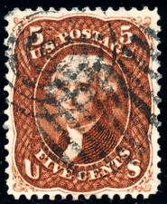 US 75 5c 1862 Thomas Jefferson chestnut PF cert target and grid cancels
