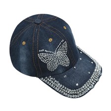 Women Girls Shiny Rhinestone Brim Butterfly Baseball Cap Bling Denim Hats Gli...