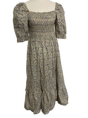 Langes Kleid mit gerafftem Korsett mit kleinen Blumen-Print - blau