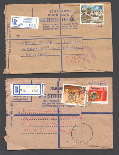 RHODESIA- ZIMBABWE 1980- 1982 TRIANGLE- 4 DIFFERENT REGISTERED COVERS T508 - Foto 5 di 8