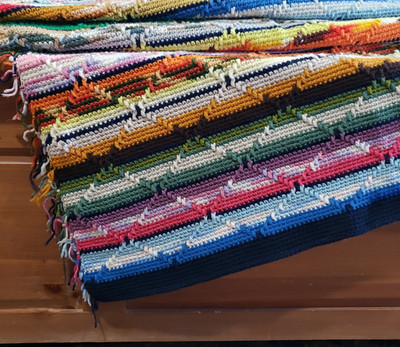 Handmade Throw Blanket Crochet Rainbow Stripe Fringe Cottage Rustic Afghan 55x78
